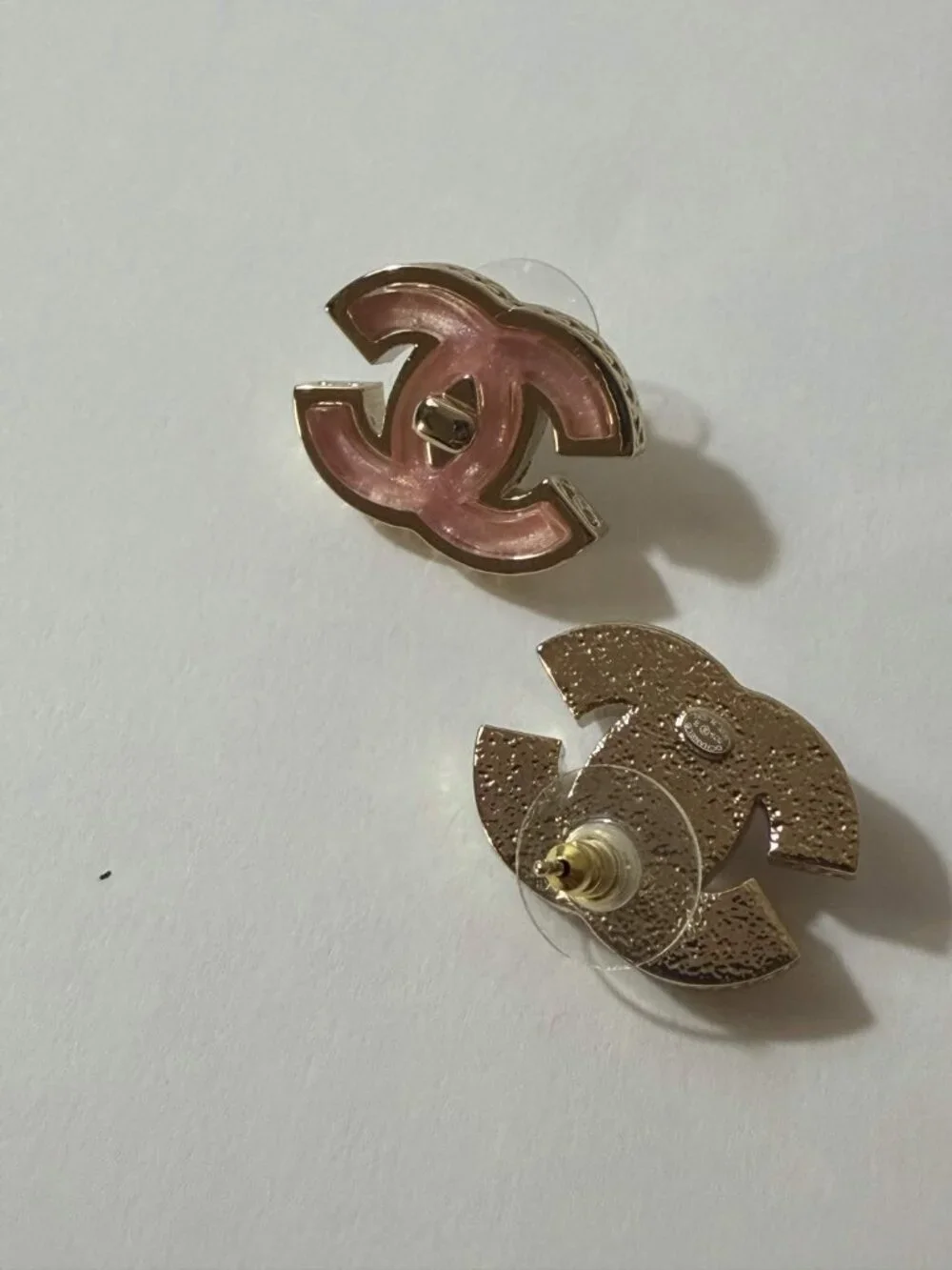 Chanel Pink Enamel CC Gold Earrings